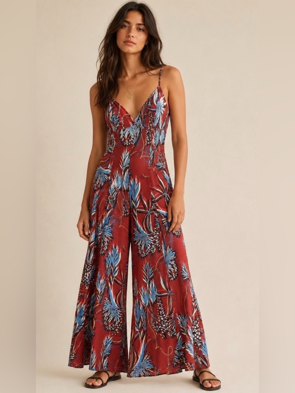 FREE PEOPLE Alissa Tropical Palm Wide Leg Jumpsuit